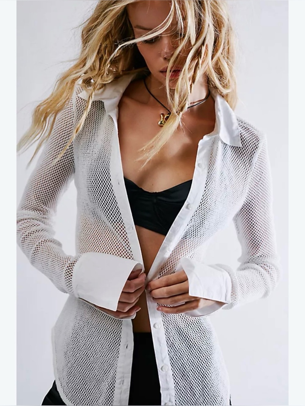 Free People Ivory Open-Knit Button Down Shirt